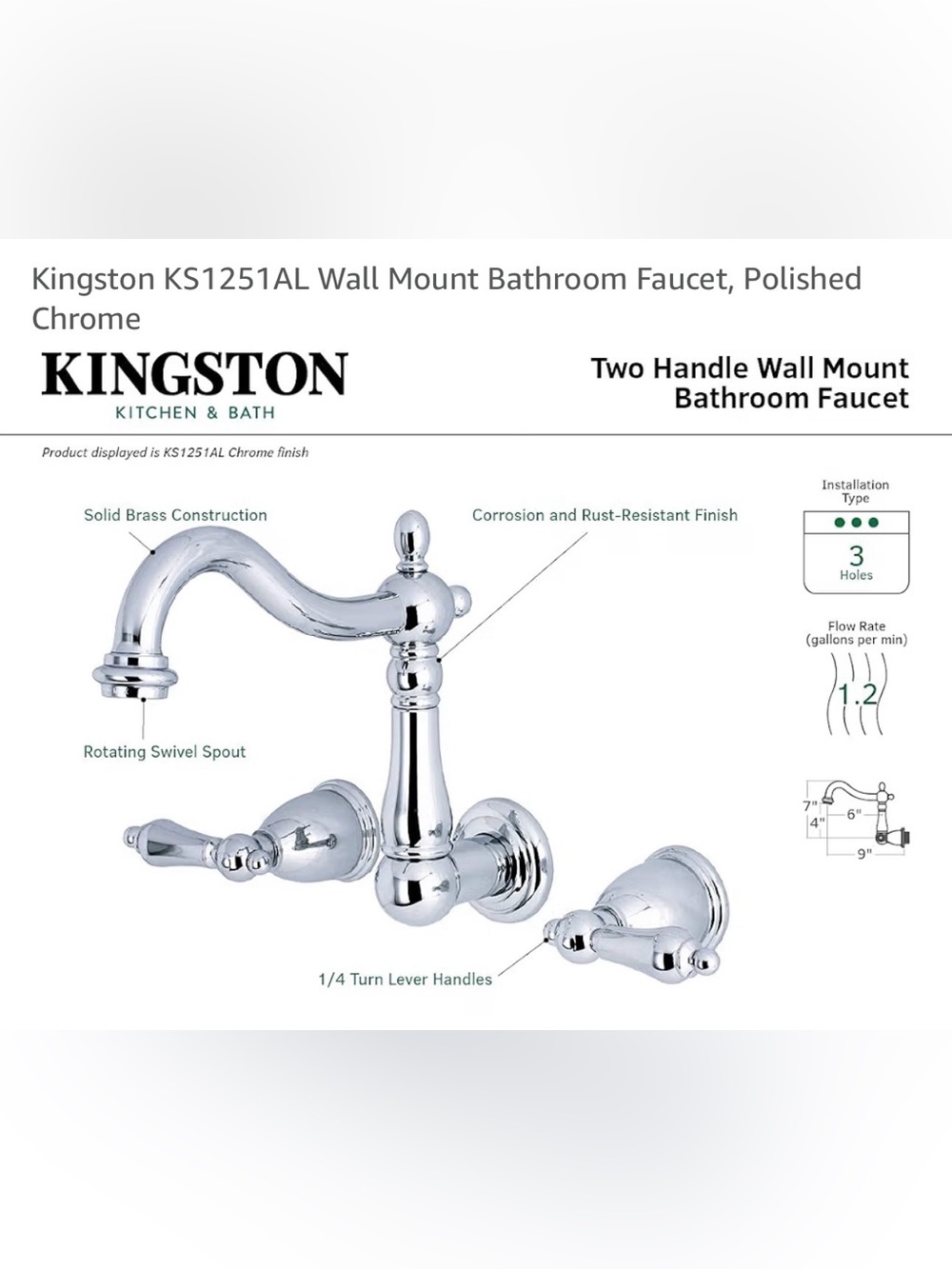 Kingston Polished Chrome Two-Handle Wall-Mount Bathroom Faucet